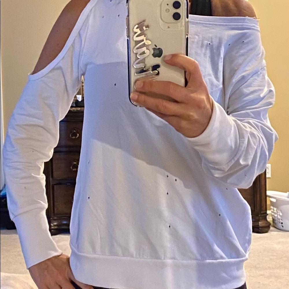 White on or off shoulder w distressing holes
